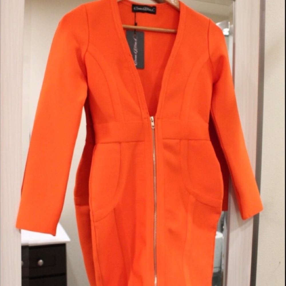 VACAY ORANGE BODYCON LONG SLEEVE BANDAGE DRESS